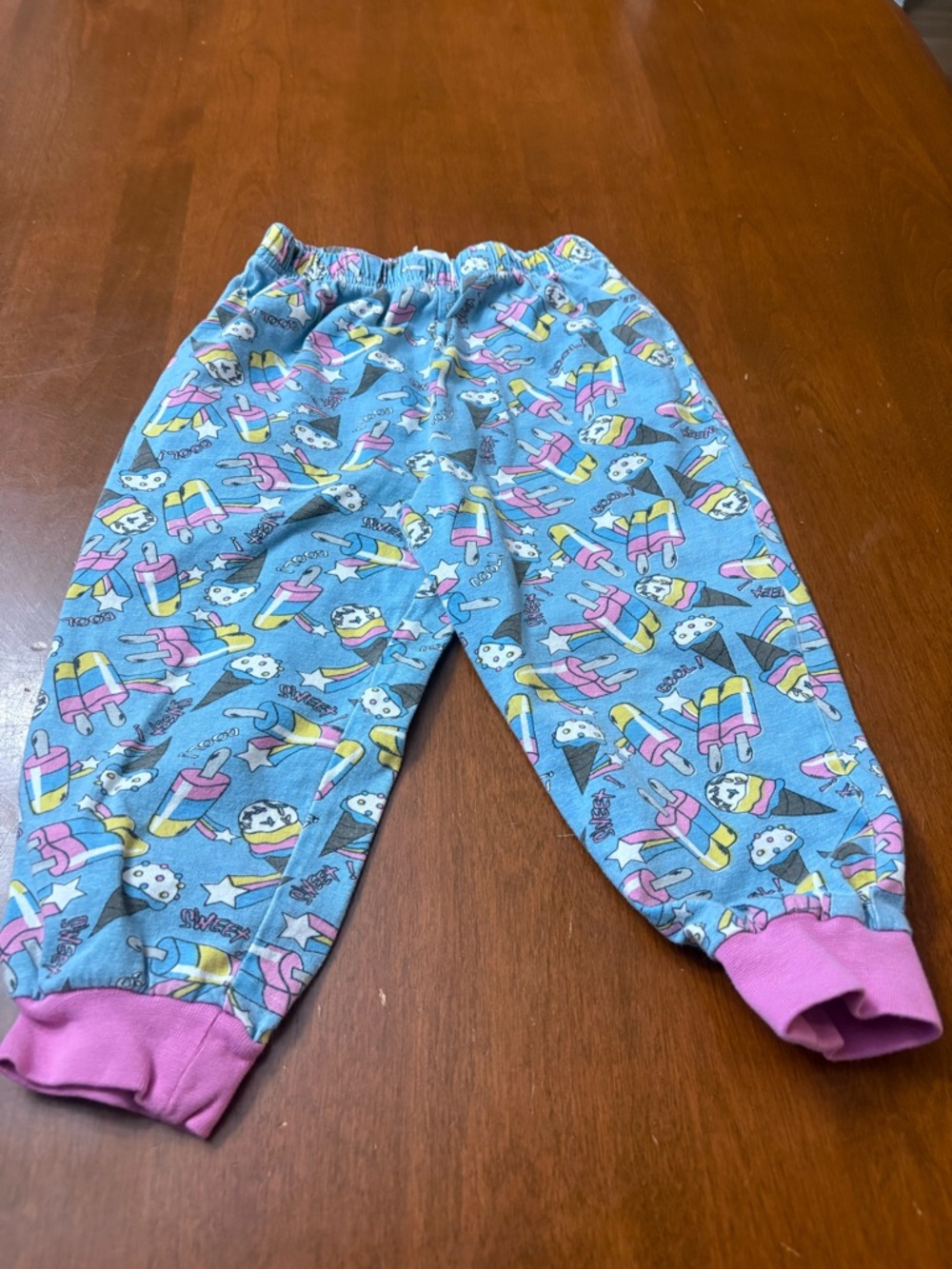 Girls' Blue Ice Cream Print Pajama Bottoms with Pink Cuffs